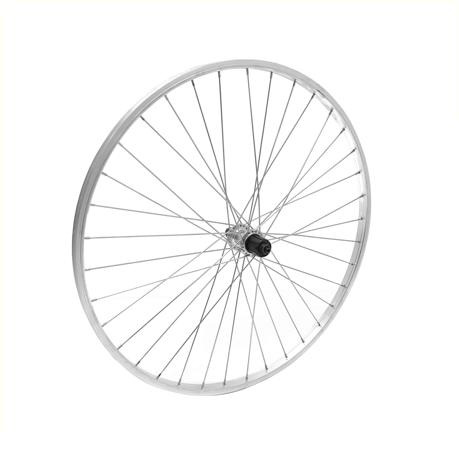 Achterwiel 28x1 5/8x1 3/8 aluminium velg, zilver. Uitval cassette naaf, 7 speed, spaak 13